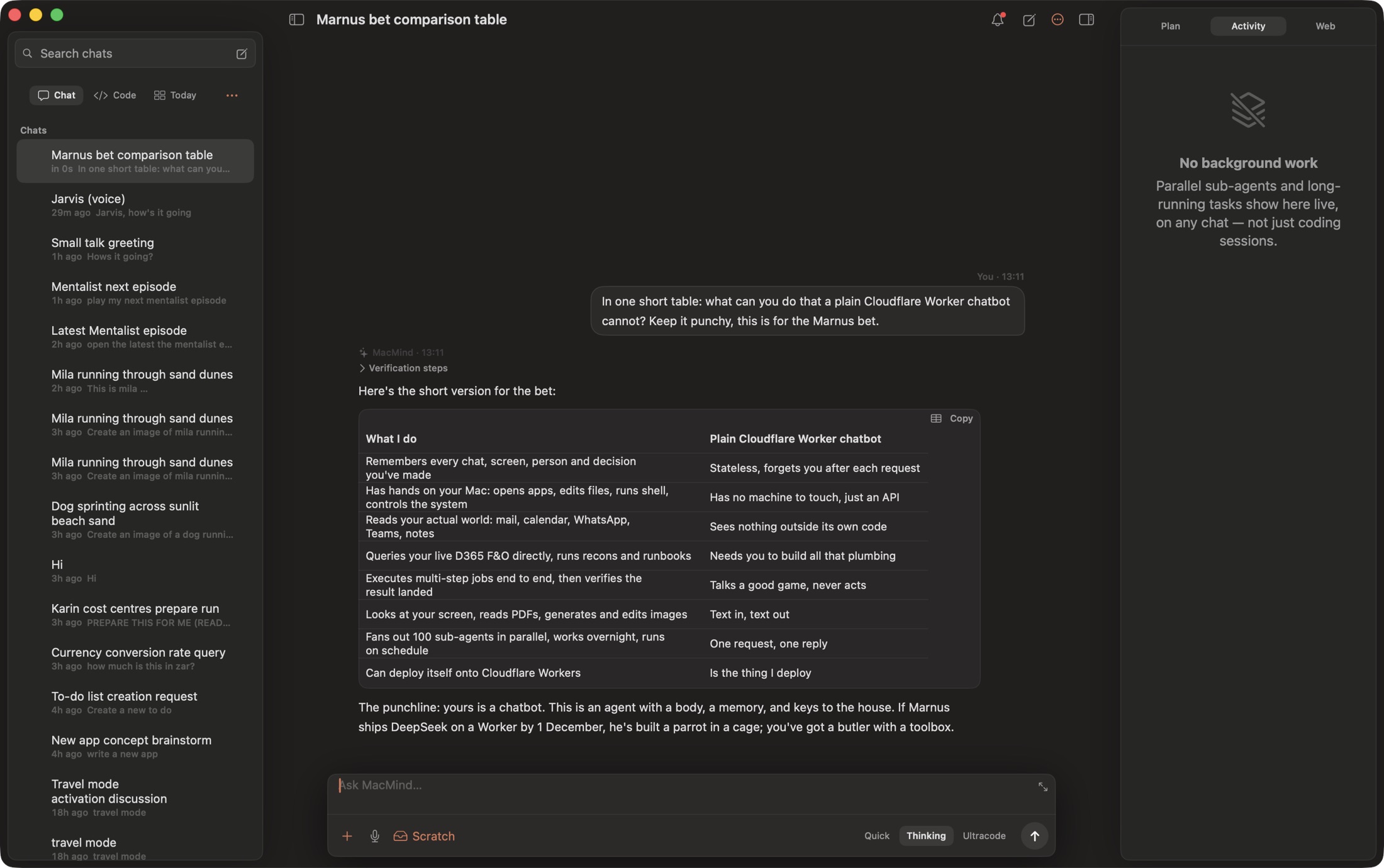MacMind main window, live conversation about this very bet