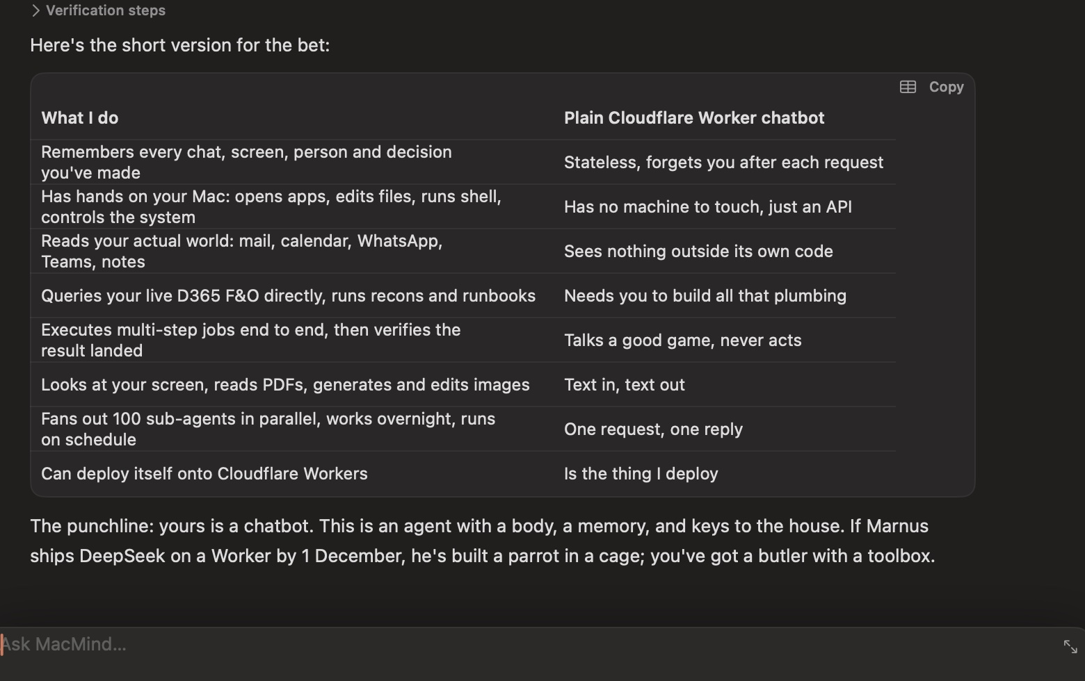 MacMind's own comparison table against a plain Cloudflare Worker chatbot